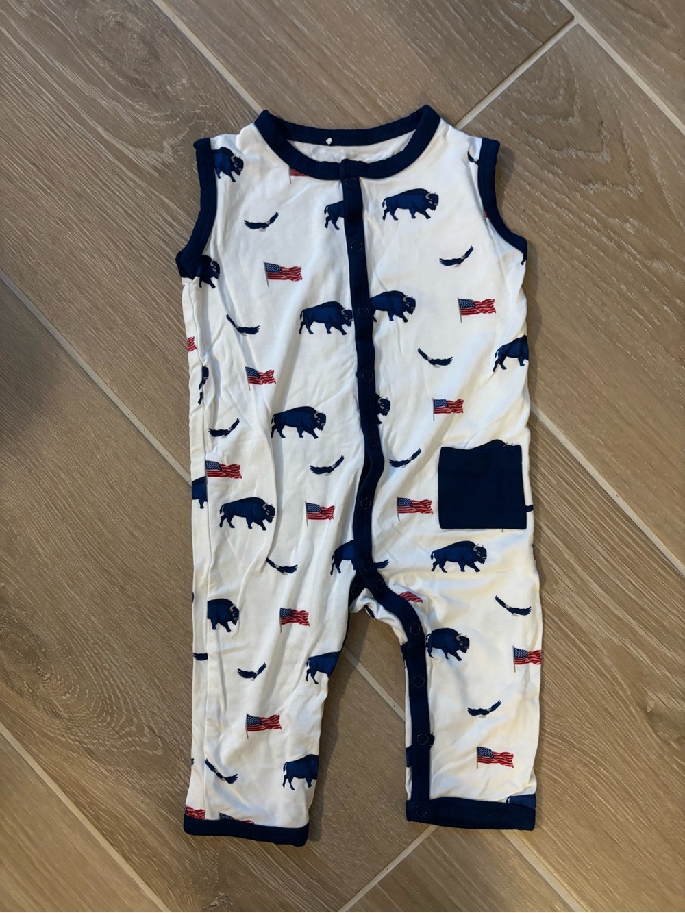 Kyte Sleeveless Baby Romper with Navy Buffalo & Flag Print